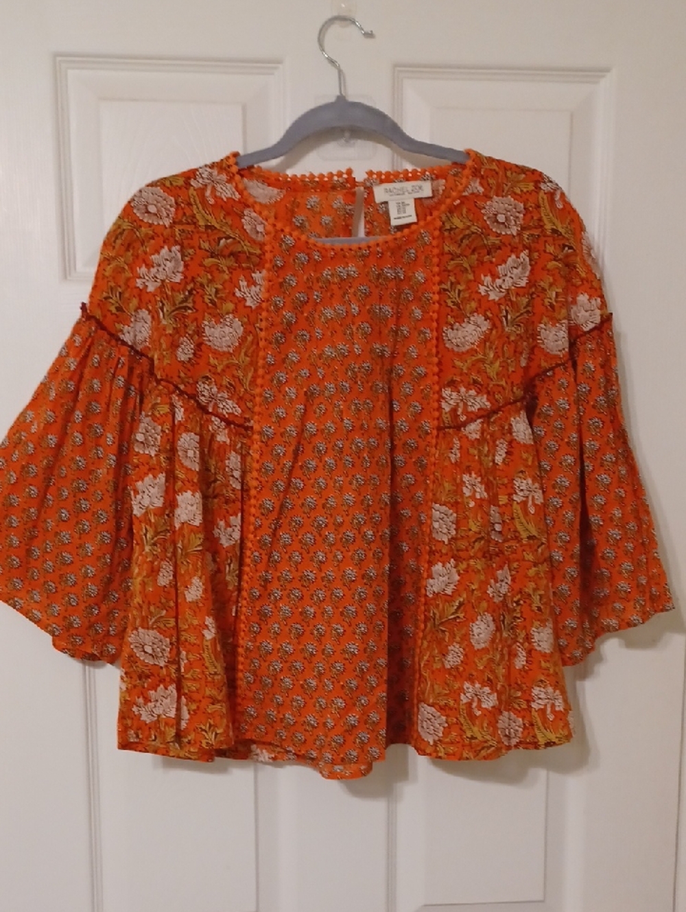 Rachel Zoe Sz XS, Orange Floral Peasant Blouse with Bell Sleeves